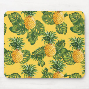 Pineapples & Tropical Leaves On Gold Mouse Mat