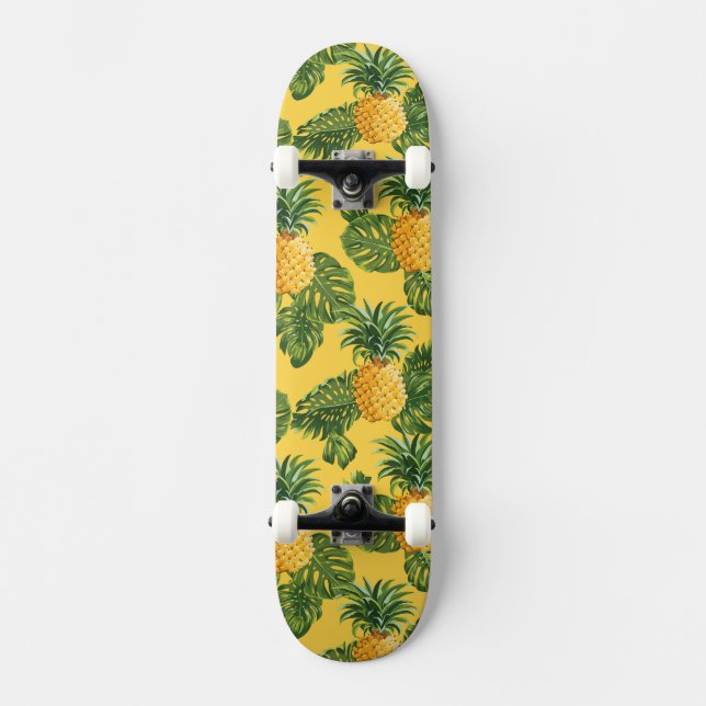 Pineapples & Tropical Leaves On Gold Skateboard (Front)
