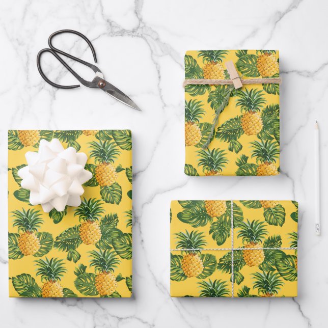 Pineapples & Tropical Leaves On Gold Wrapping Paper Sheet (Front)