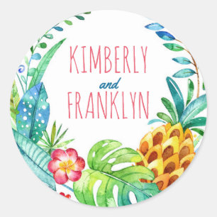pineapples tropical palms beach wedding classic round sticker