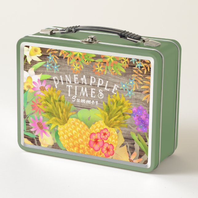 Pineapples with Floral Metal Lunch Box (Front)