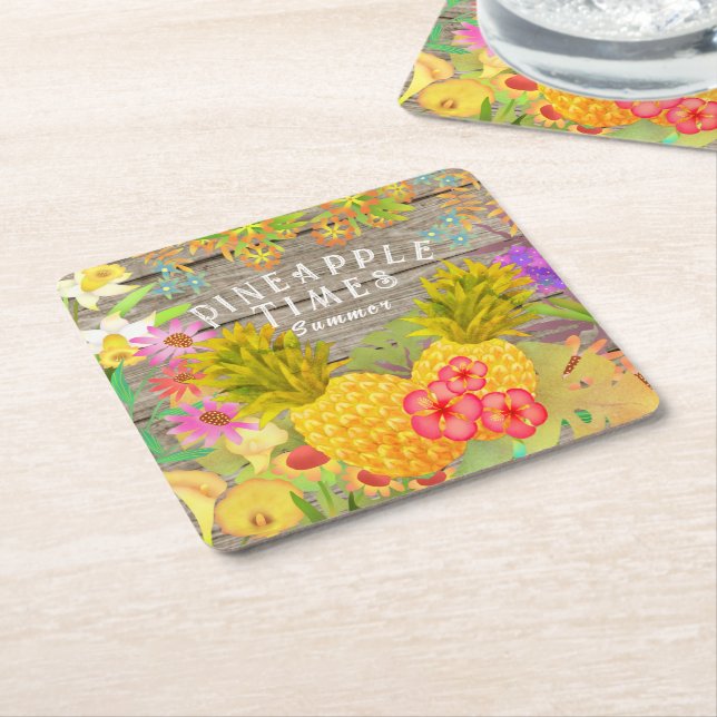Pineapples with Floral Square Paper Coaster (Angled)
