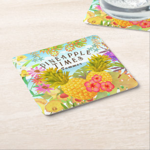 Pineapples with Floral Square Paper Coaster
