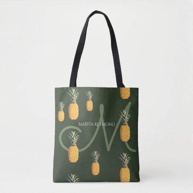 pineapples with name and initial on dark-green tote bag (Front)