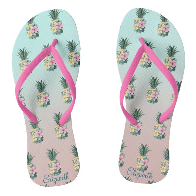 Pineapples With Tropical Flowers Flip Flops (Footbed)