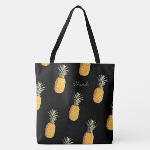 Pineapples with your name on black tote bag