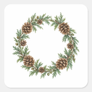 Pinecone and Cedar Sprig Wreath Square Sticker