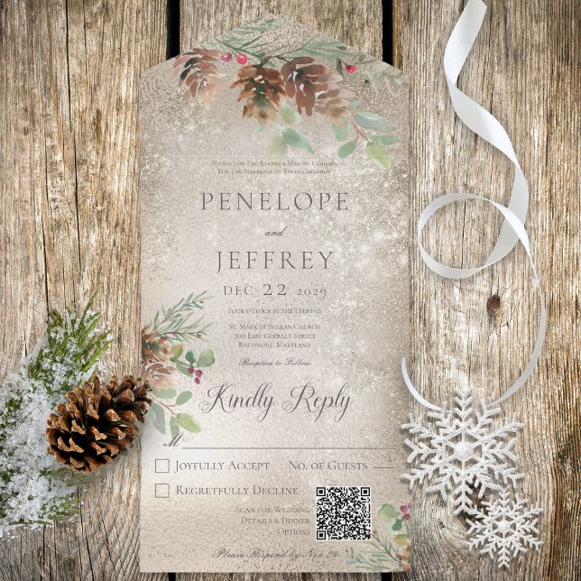 Pinecone & Berries Modern Gold QR Code All In One Invitation (Creator Uploaded)