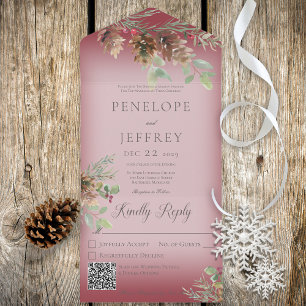 Pinecone & Berries Modern Wine Red QR Code All In One Invitation