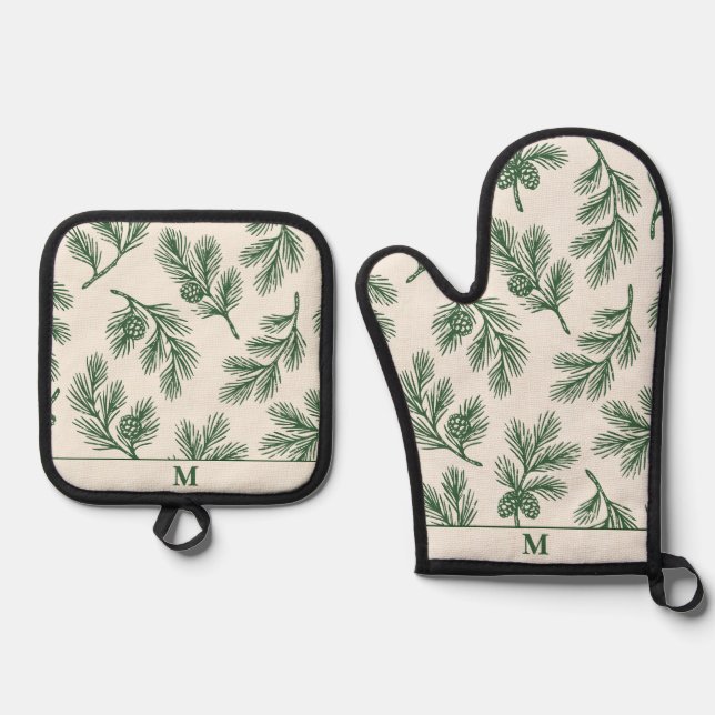 Pinecone Christmas Oven Mitt & Pot Holder Set (Front)