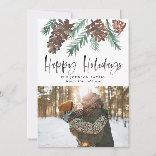 Pinecone Christmas Watercolor Happy Holidays Photo Holiday Card (Front)