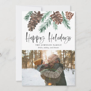 Pinecone Christmas Watercolor Happy Holidays Photo Holiday Card