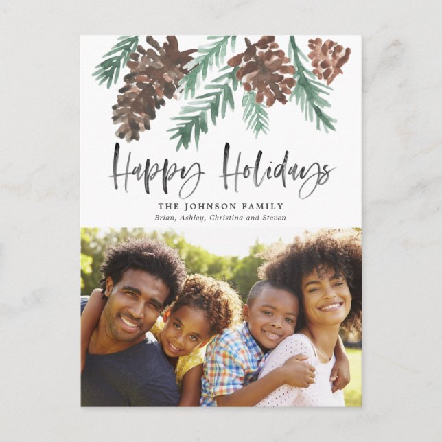 Pinecone Christmas Watercolor Holiday Photo Postcard (Front)