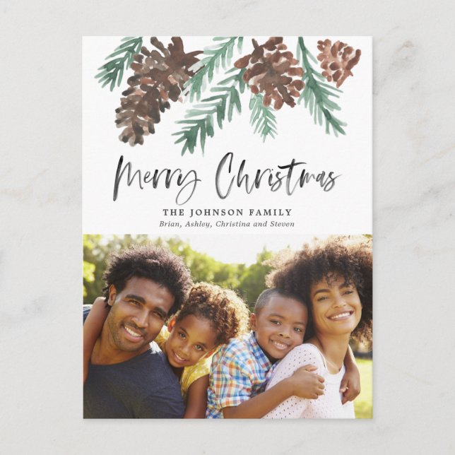 Pinecone Christmas Watercolor Holiday Photo Postcard (Front)