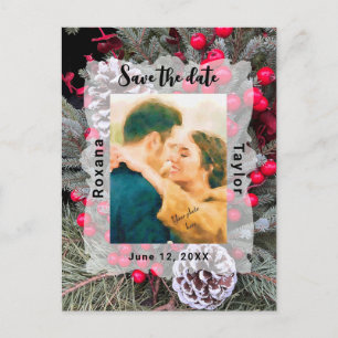 Pinecone Evergreen Berries Wedding Photo Save Date Postcard