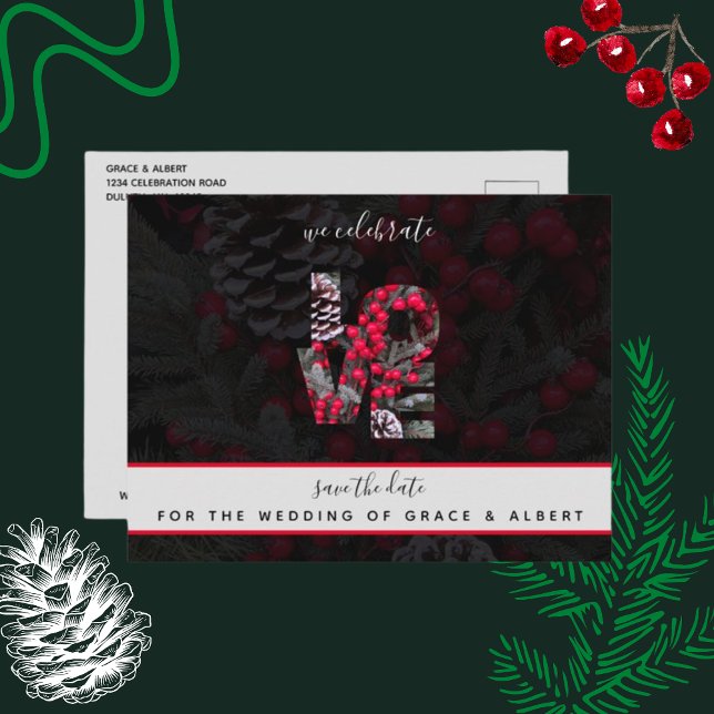 Pinecone Evergreen Red Berries Wedding Save Date Postcard (Creator Uploaded)