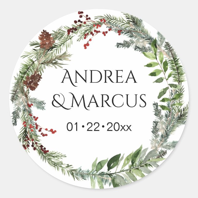 Pinecone Greenery Wedding Wreath Classic Round Sticker (Front)