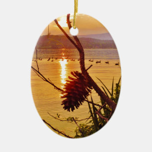 Pinecone Lake sunset Ceramic Tree Decoration