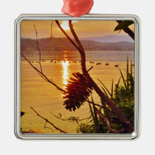 Pinecone Lake sunset Metal Tree Decoration