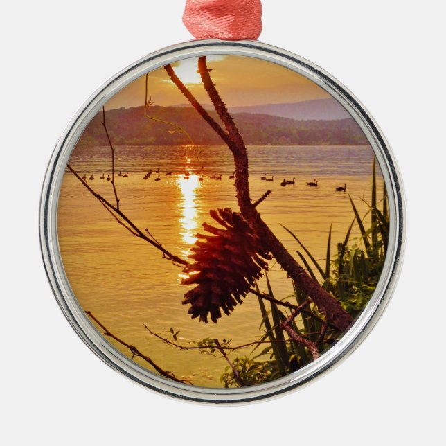 Pinecone Lake sunset Metal Tree Decoration (Front)