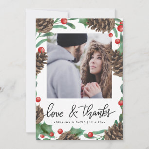 Pinecone Love & Thanks Christmas Wedding Photo Thank You Card