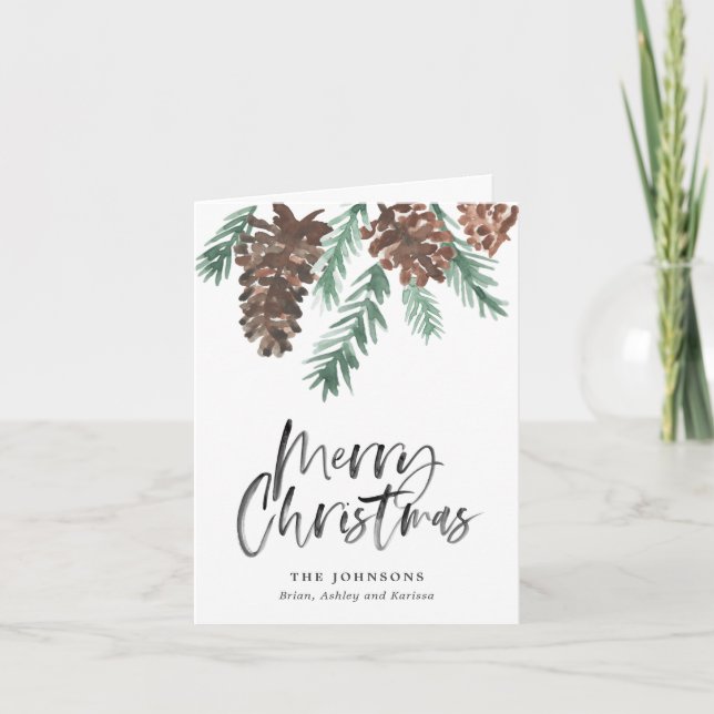 Pinecone Merry Christmas Brush Script Holiday Card (Front)