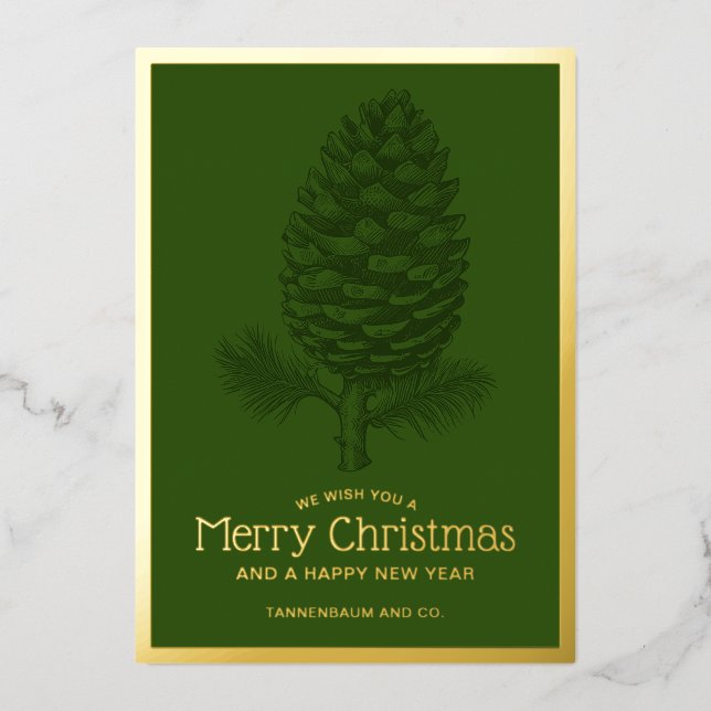 Pinecone Merry Christmas Fir Modern Corporate Foil Holiday Card (Front)