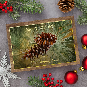 Pinecone Pine Needles Greenery Watercolor Gold Foil Holiday Card