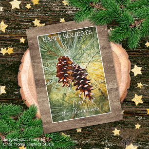 Pinecone Pine Tree Needles Greenery Watercolor Holiday Card