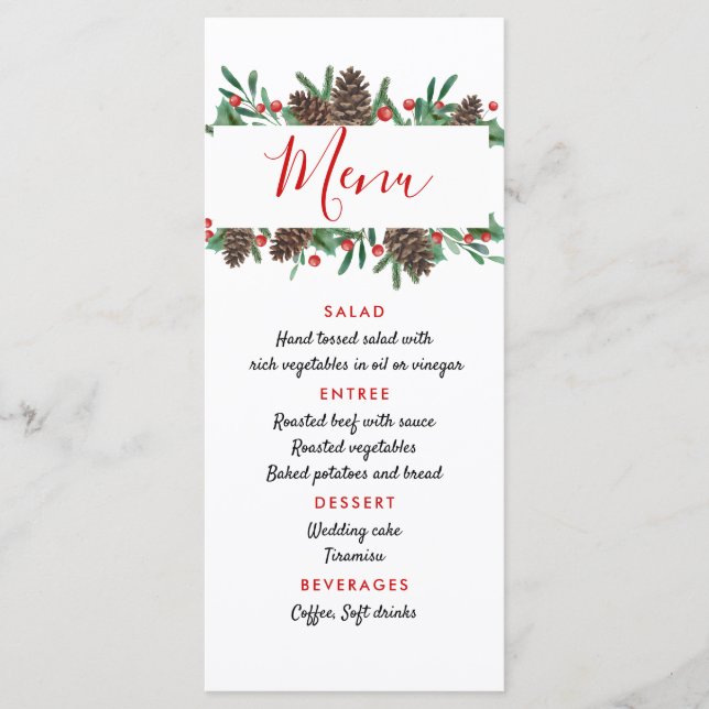 Pinecone Red Berry Christmas Modern Wedding Menu (Front)