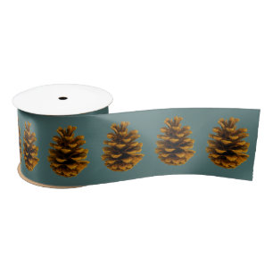 Pinecone rustic nature teal brown satin ribbon