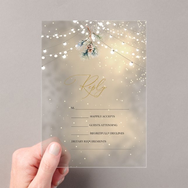 Pinecone String Lights Winter Wedding RSVP   Acrylic Invitations (Insitu (Handheld))