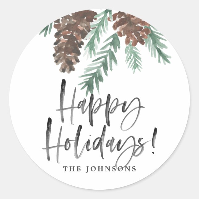 Pinecone Watercolor Happy Holidays Family Name Classic Round Sticker (Front)