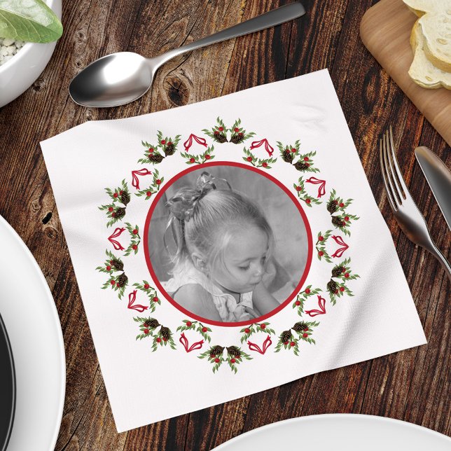 Pinecones and Berries Holiday Mandala Napkin (Season's Greeting holiday red and green pinecones wreath mandala photo napkin)