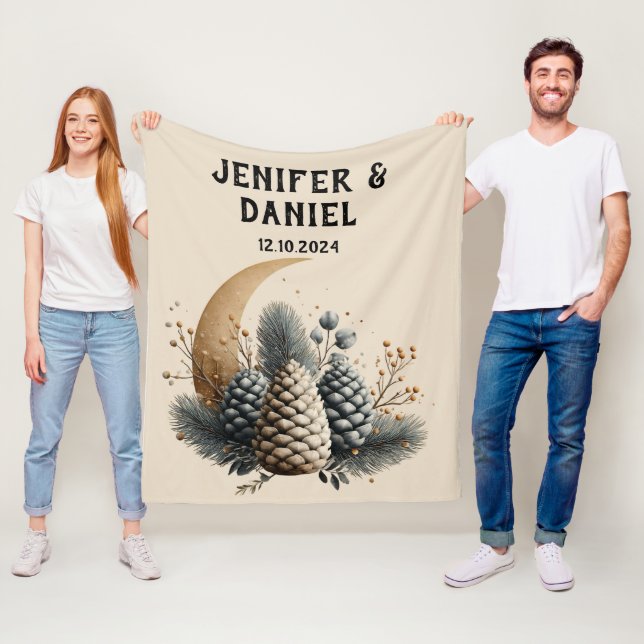 Pinecones and Crescent Moon Winter Love Fleece Blanket (In Situ)