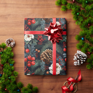 Pinecones Berries Floral Christmas Pattern Gift Wrapping Paper