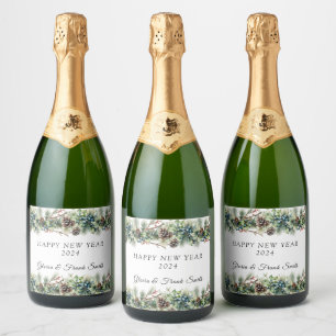 Pinecones Berries Garland HAPPY NEW YEAR Sparkling Wine Label