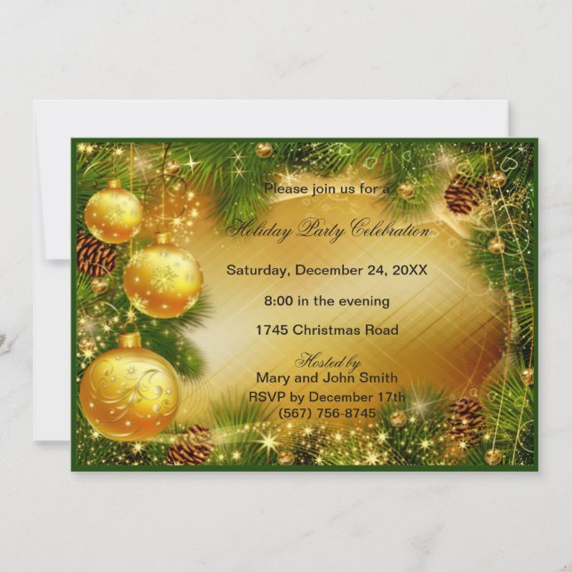 Pinecones Gold Ornaments Christmas Party Invite (Front)