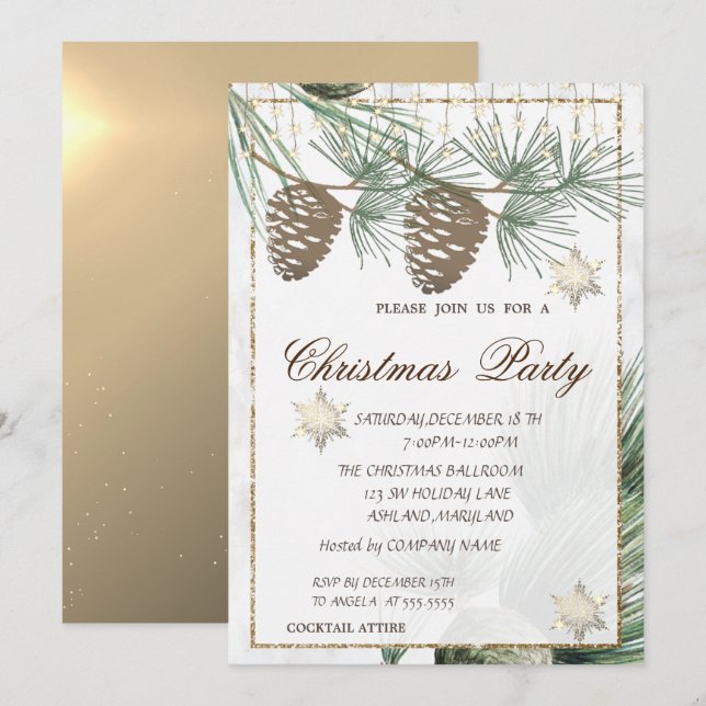Pinecones ,Snowflakes Gold Christmas Corporated Invitation (Front/Back)