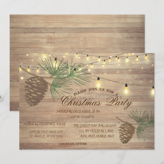 Pinecones,Wood,String Lights Christmas Corporated Invitation (Front/Back)