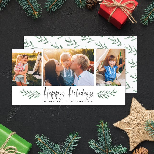 Pineneedle Happy Holidays Modern 3 Photo Collage Holiday Card (Creator Uploaded)