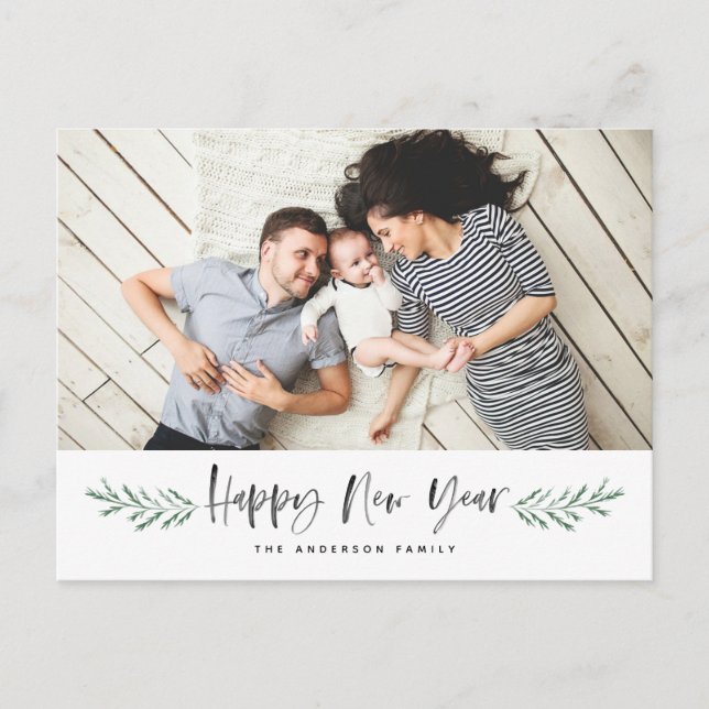 Pineneedle Happy New Year Modern Photo Holiday Postcard (Front)