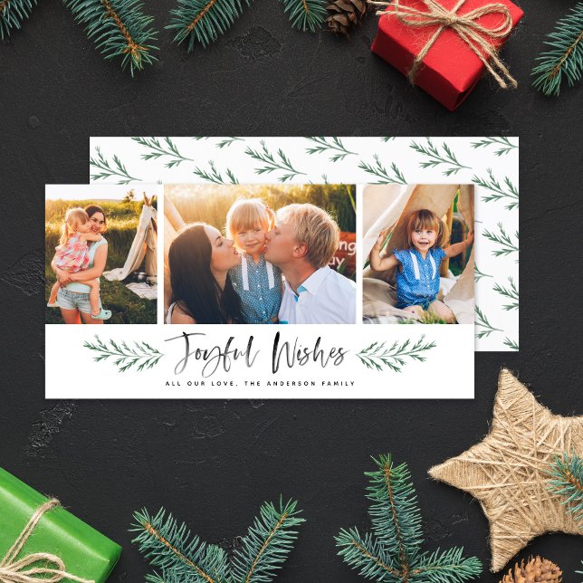 Pineneedle Joyful Wishes Modern 3 Photo Collage Holiday Card (Creator Uploaded)