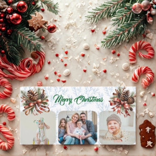Pineneedle Merry Christmas Modern 3 Photo Collage Holiday Card