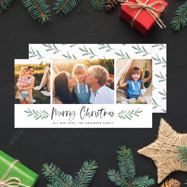 Pineneedle Merry Christmas Modern 3 Photo Collage Holiday Card (Creator Uploaded)