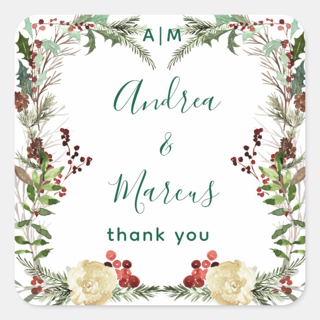 Pinery Winter Rose Wedding Wreath Square Sticker (Front)