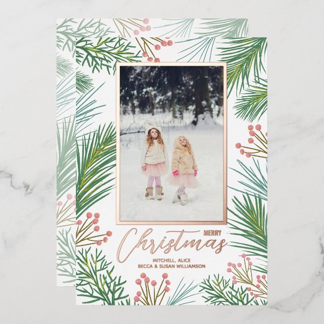Pines Berries Christmas Photo Foil Holiday Card (Front/Back)