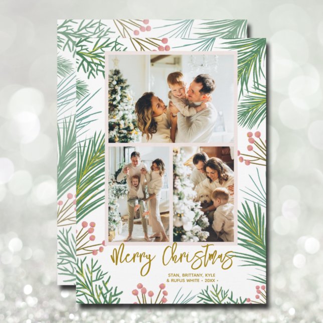 Pines Berries Multi Photo Christmas Holiday Card (Creator Uploaded)