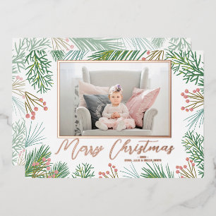 Pines Berries Navy Blue Christmas Photo Foil Holiday Card