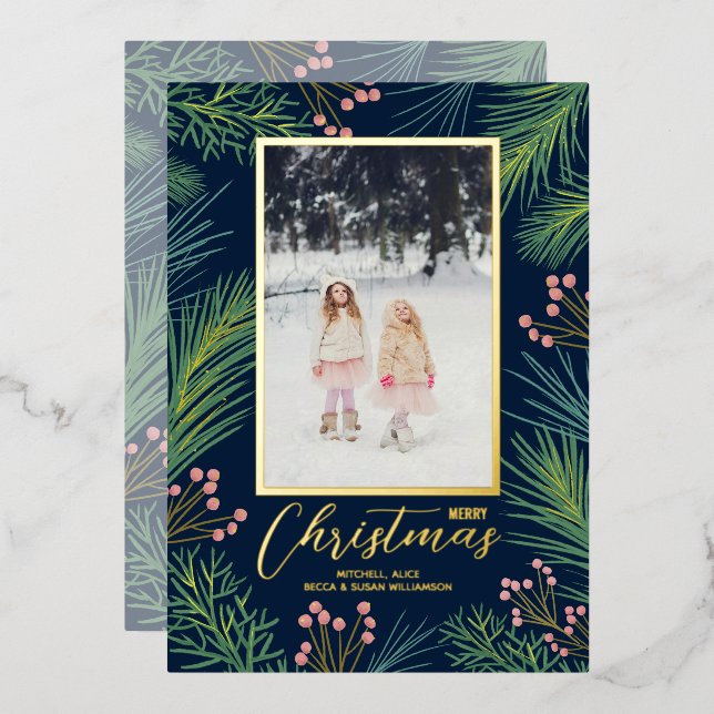 Pines Berries Navy Blue Christmas Photo Foil Holiday Card (Front/Back)